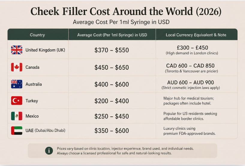 Cheek Filler Price Or Cost By Country in 2026